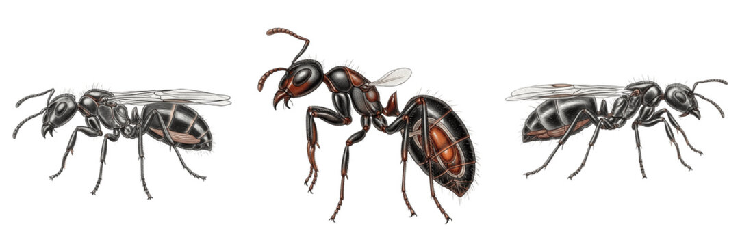 Queen ant entomology illustration, Lasius niger, Formicidae family, black garden ant dealate anatomical dot stippling etching schema, vintage plate taxonomy morphometric annotations index