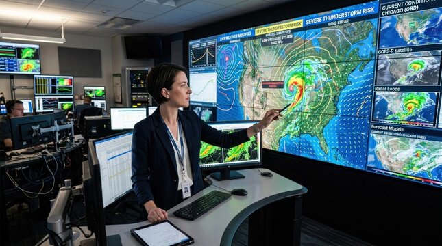 A woman in a dark suit pointing to a large screen in a control room with various weather maps and data displays.