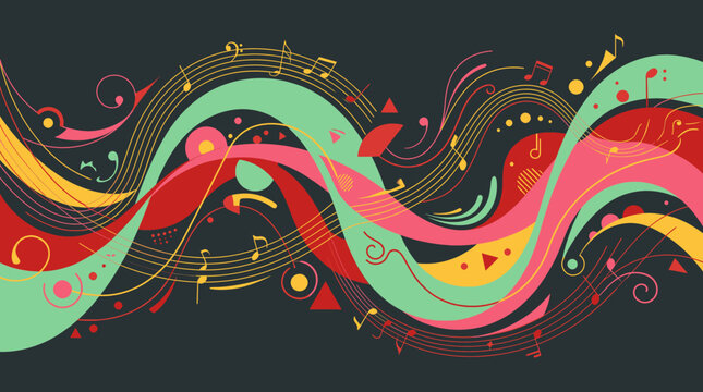 Abstract Musical Wave Design with Notes and Swirls