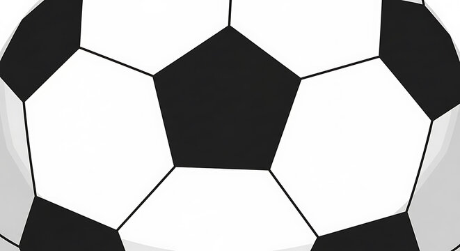 Close up view of a classic black and white soccer ball pattern showing the geometric pentagon and hexagon shapes on a clean white background surface