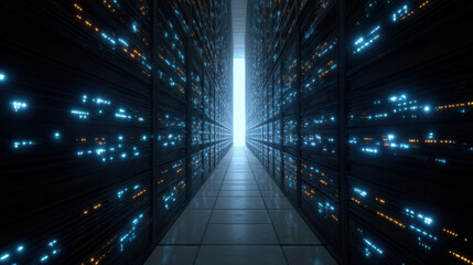 Data center corridor with glowing server lights shows impact of sanctions on digital infrastructure and technology systems