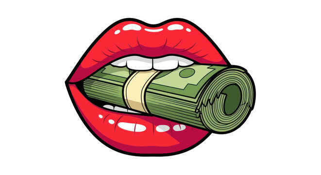 Red Lips Biting Rolled US Dollar Banknotes, Money Symbolism