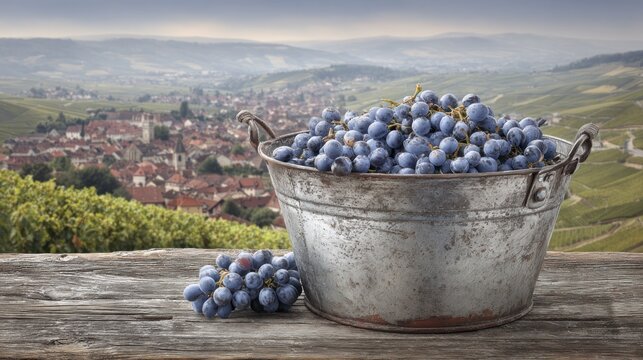 Freshly harvested dark grapes overflow a rustic metal bucket on a wooden surface overlooking a European village nestled among rolling vineyards.