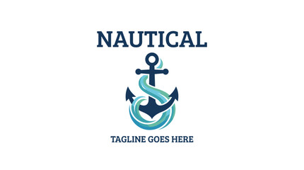 Fototapeta premium Nautical maritime logo with an anchor and swirling wave elements.