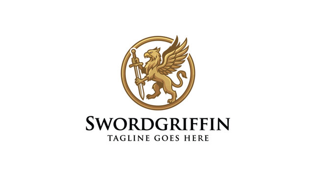 Mythical sword griffin heraldic logo with sword in a circle.