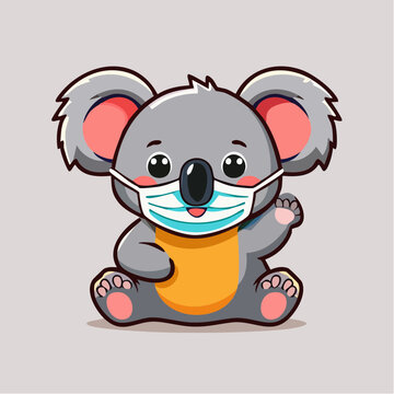 Cute cartoon koala wearing a face mask and waving