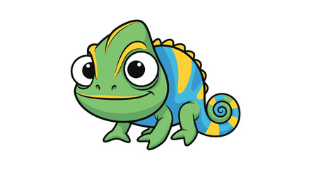 Fototapeta premium Cute Cartoon Chameleon with Big Eyes, Green and Blue Body, White Background