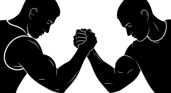 Two Men Arm Wrestling Silhouette, Strength Competition, Power Struggle