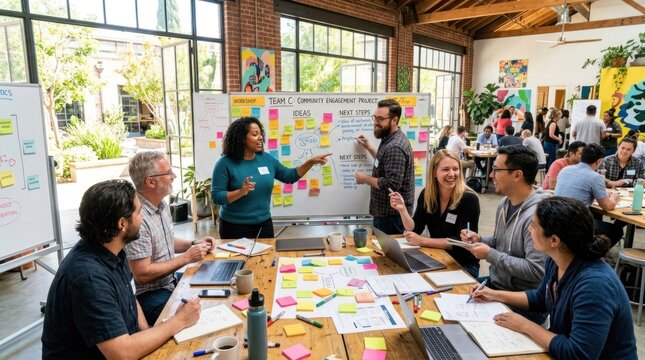 A diverse group of people engaged in a brainstorming session, discussing ideas and strategies on a large whiteboard with colorful sticky notes and a whiteboard marker.