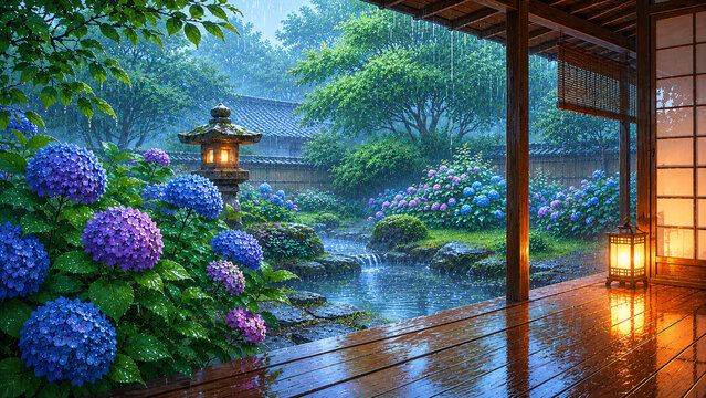 Hydrangea Garden in Rainy Season with Traditional Japanese House and Warm Lantern Light