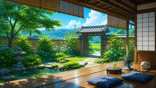 Japanese Veranda Overlooking Summer Hydrangea Garden