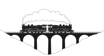 Vintage Steam Trains Crossing Arched Bridge, Black and White Silhouette © Azizi