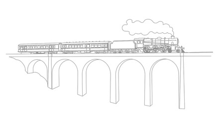 Vintage steam train crossing arched viaduct, illustration, black and white © Azizi