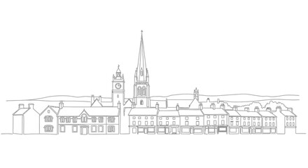 Fototapeta premium Sketchy European Town Skyline with Church Steeple and Clock Tower