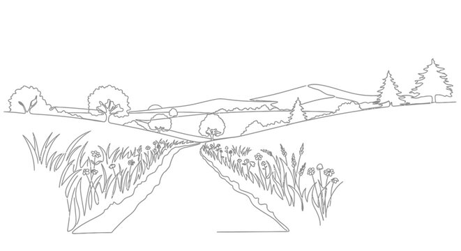 Rural landscape line drawing: pathway through fields to distant hills