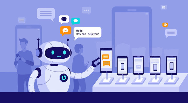 Friendly robot assistant offering help on smartphones in a tech store with customers
