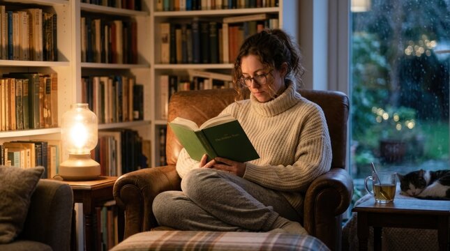 A woman wearing glasses sits in a cozy armchair, engrossed in reading a book by a window with a cat sleeping on a nearby table.