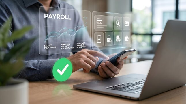 Professional using smartphone with digital payroll interface and green checkmark representing successful salary processing