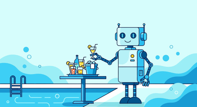 Friendly robot serving drinks by the pool, summer vacation concept