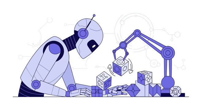 Robot assembling blocks with robotic arm, concept of automation and AI