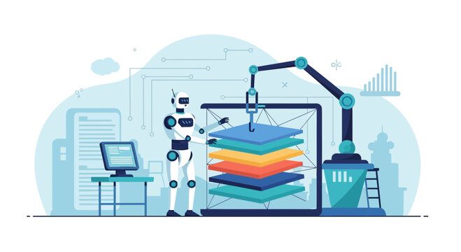 Robot assembling layers of data on a digital platform, representing AI and big data analysis