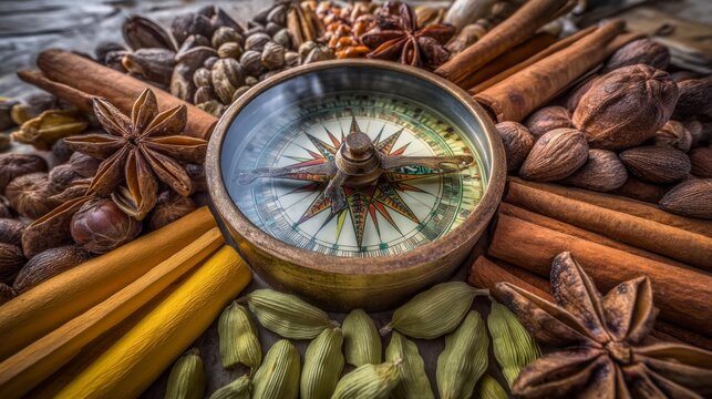 Traditional Compass Surrounded by Spices and Tubes at Market
