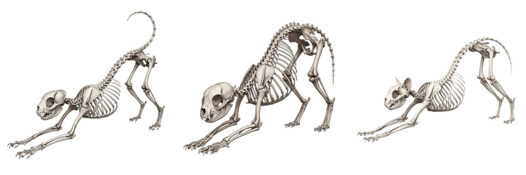 Domestic cat skeleton, Felis catus, stretching pose, realistic feline osteology illustration, Felidae small mammal digitigrade skeletal anatomy, flexible spine bone orientation frame catalog index