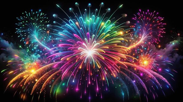 虹色花火が乱射する発光ループ背景素材