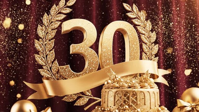 Golden number 30 anniversary celebration cake with bokeh background.