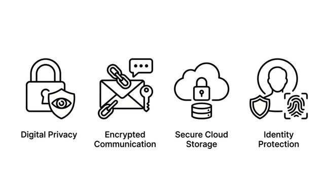 Monochrome cybersecurity and digital privacy icon pack