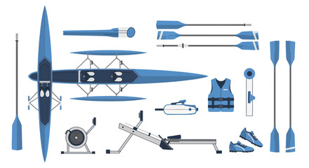 Rowing Equipment Set: Boat, Oars, Rower Machine, Life Vest, Shoes © din