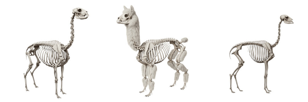 Alpaca skeleton, Vicugna pacos, fluffy mammal anatomy transformed into realistic bones, Camelidae small tylopod osteology, elongated neck and limbs skeletal framework profiling setup catalog