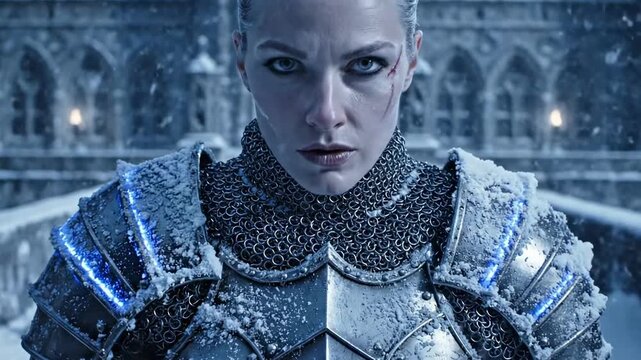 Icy female knight close portrait in snow covered silver armor with chainmail collar, stern scarred face, blue winter glow, frozen castle courtyard, dramatic fantasy warrior mood and solemn stand