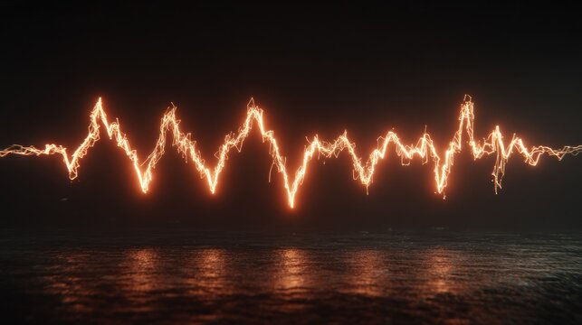 Vivid orange electrical energy waveform pulses horizontally across a dark, reflective surface.