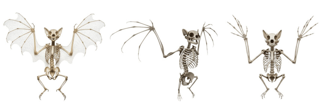 Bat skeleton, Pteropus poliocephalus, wings fully spread, delicate wing bone anatomy, Pteropodidae chiroptera flight osteology, elongated metacarpal phalanges wing skeletal grid layout view