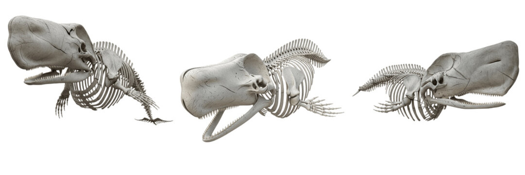 Sperm whale skeleton, Physeter macrocephalus, giant skull anatomy, realistic marine osteology, Physeteridae odontocete cetacea bone frame, spermaceti organ supracranial basin configuration template