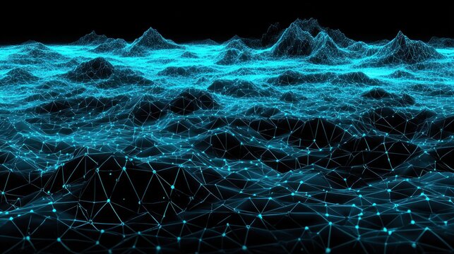 Illuminated digital terrain rises dramatically into the dark above a connected network