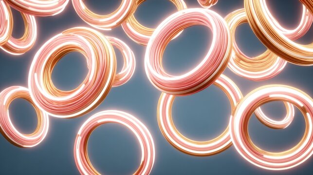 Multiple luminous toroidal shapes float in a dark, cool toned background space