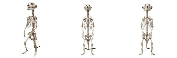 Meerkat skeleton, Suricata suricatta, upright standing pose, detailed small mammal bones, Herpestidae carnivore mongoose osteology, digits burrowing claw modifications skeletal system layout map © SmartBee