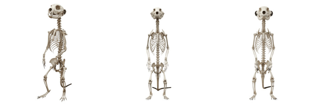 Meerkat skeleton, Suricata suricatta, upright standing pose, detailed small mammal bones, Herpestidae carnivore mongoose osteology, digits burrowing claw modifications skeletal system layout map