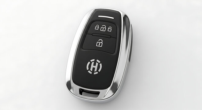 Modern car key fob with electronic remote entry on white background