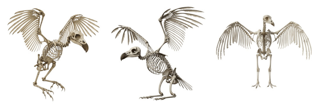 Vulture skeleton, Cathartes aura, large wingspan and hooked skull anatomy, Cathartidae scavenging bird osteology, perforate nasal septum skeletal structure profiling framework orientation diagram