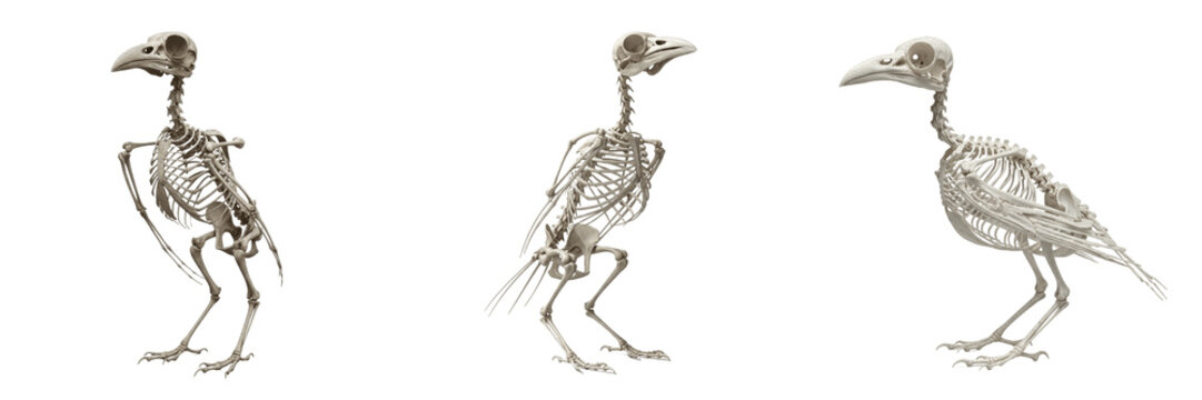Crow skeleton, Corvus corone, standing pose, detailed bird rib cage structure, Corvidae passerine passeriform osteology, omnivorous avian beak bone configuration framework layout calibration profile