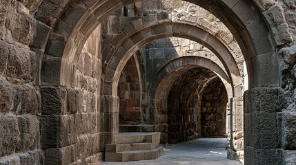 Obraz premium Ancient Stone Arch Gateway, Retro European Historic Building Widescreen Detail