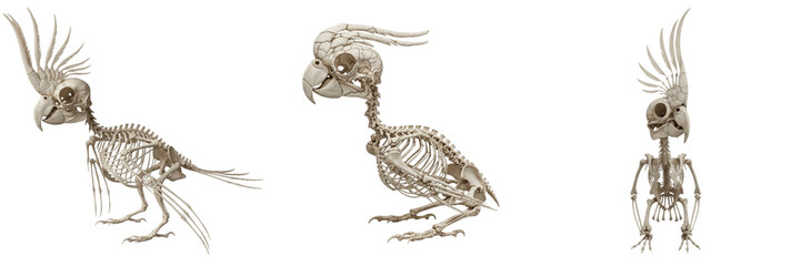 Cockatoo skeleton, Cacatua galerita, crest skull structure detailed, white backdrop, Cacatuidae psittaciform osteology, mobile cranial crest extension bone base framework alignment template profile © SmartBee