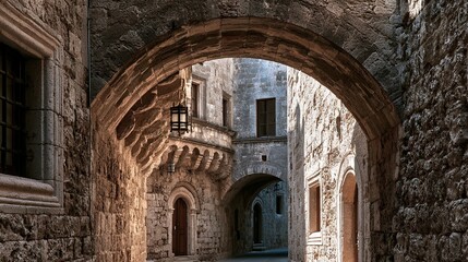 Naklejka premium Ancient Stone Arch Gateway, Retro European Historic Building Widescreen Detail