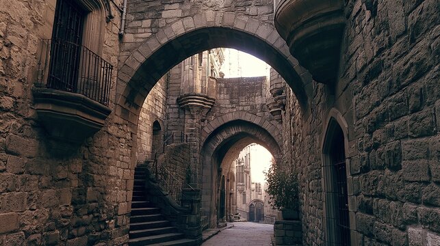Ancient Stone Arch Gateway, Retro European Historic Building Widescreen Detail