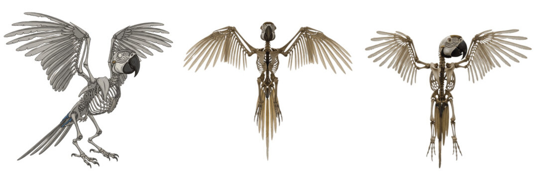 Macaw skeleton, Ara macao, wings spread, realistic tropical bird bones, Psittacidae large psittaciform osteology, elongated tail caudal vertebrae array, zygodactyl foot configuration chart sheet