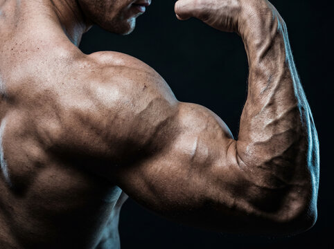 Close-up of a muscular man's bicep and shoulder flexing with prominent veins