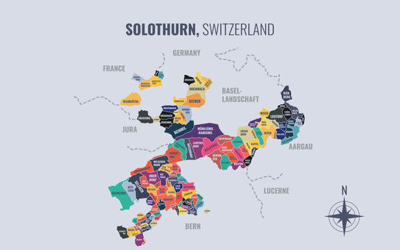 A map showing Solothurn Switzerland Conton into Commune in a minimalist colorful style